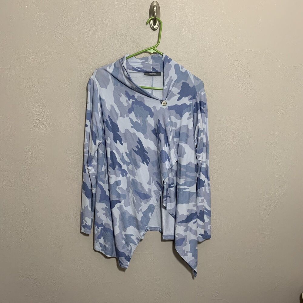 Lisa Rinna Collection S Blue Camo Wrap Jacket Asymetrical Cardigan Long Sleeve